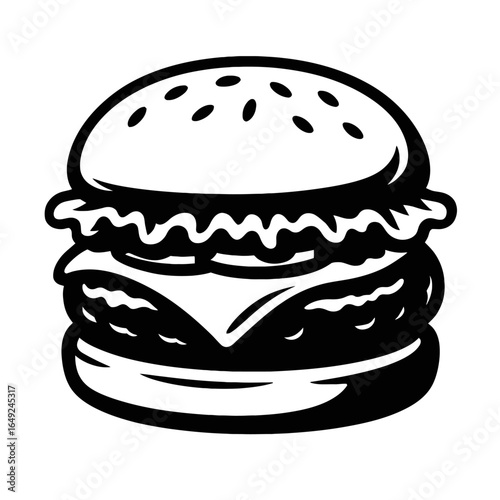 Hamburger Vector Illustration - A Black and White Hand-Drawn Design of a Classic Fast Food Meal