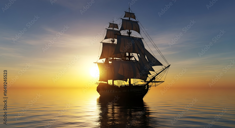 Obraz premium Majestic sailing ship at golden sunset on calm sea.