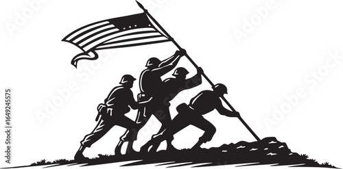 Silhouette of soldiers raising American flag on rocky terrain raising flag black and white
