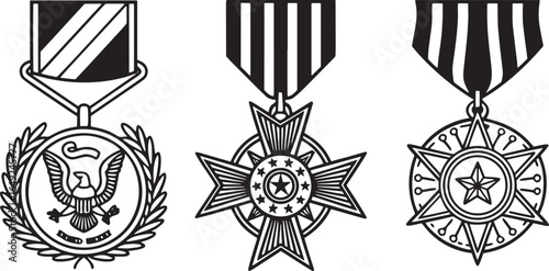 Three black and white line art military medals with ribbons award honor