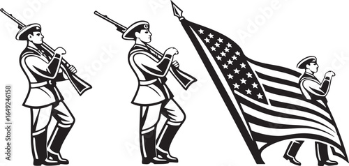 Three soldiers in uniform with rifles and American flag in black and white military army