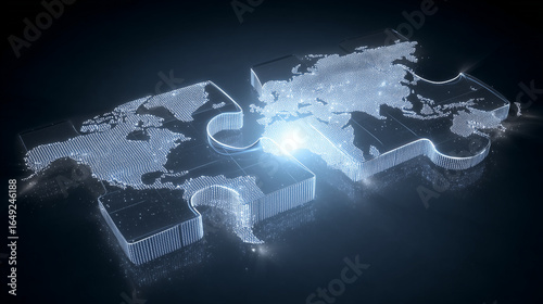 Two glowing digital puzzle pieces of the world map clicking together, symbolizing a global merger.