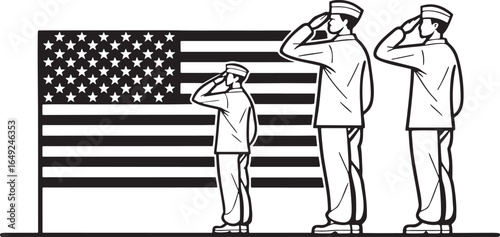Three soldiers in uniform saluting the American flag in black and white military salute
