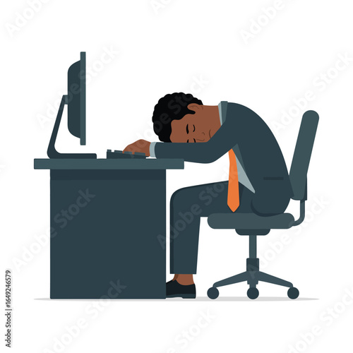Business professional slumped over keyboard at desk with computer and office chair, symbolizing workplace exhaustion and burnout