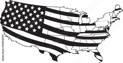 United States map silhouette with American flag stars and stripes design USA map