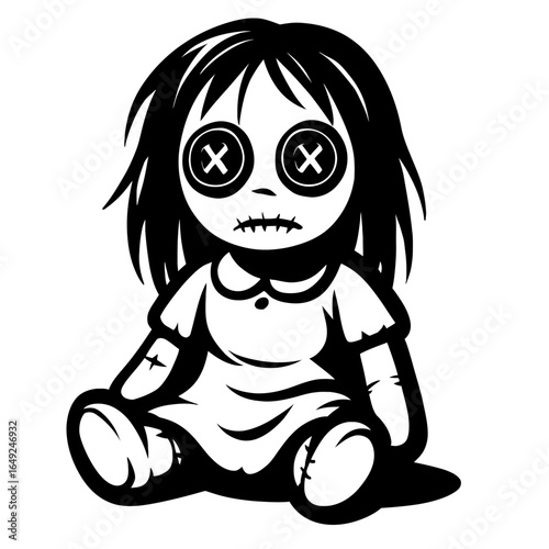 Eerie Button-Eyed Voodoo Doll with Stitched Mouth, Sitting