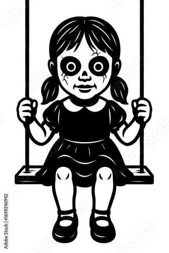 Spooky Doll with Empty Eyes Sitting on a Swing