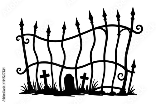 Haunted Cemetery Gate with Tombstones and Twisted Fence