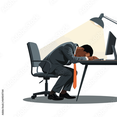 Illustration of exhausted office worker in business suit resting head on desk with computer and lamp, symbolizing burnout and overwork