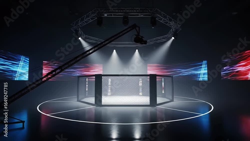 Spotlit octagonal competition cage awaits fighters in a professional sports arena with broadcast camera equipment.