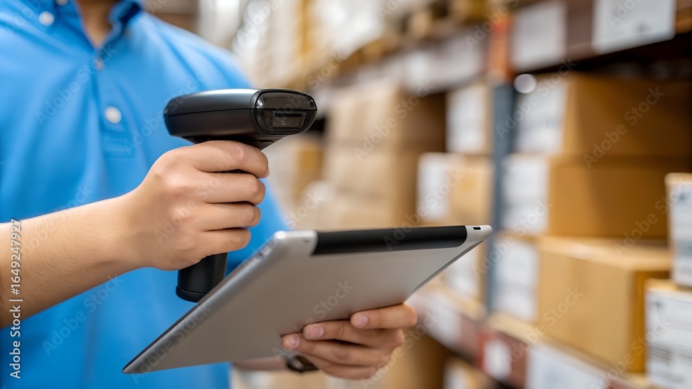 Fototapeta premium Warehouse worker scans inventory with barcode scanner and tablet