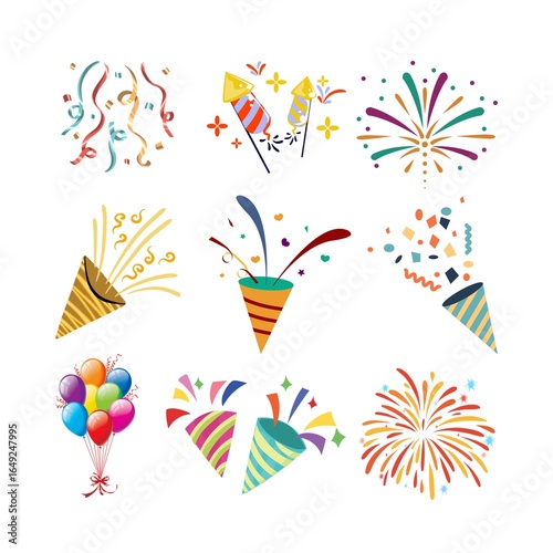 Fényképezés Colorful Party Poppers and Fireworks Illustration Set