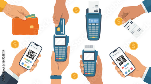 Illustration of various payment methods including cash, card readers, receipts, and QR code transactions, highlighting financial technology