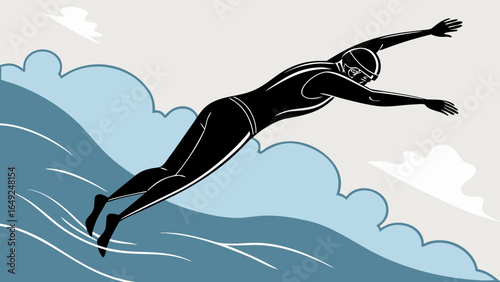 Silhouette of a swimmer diving into stylized blue waves against a cloudy sky background scene