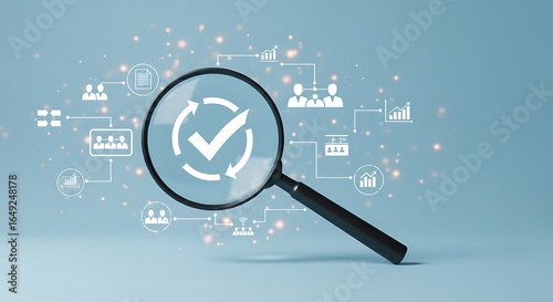 Magnifying glass highlighting quality control and data analysis with various business icons and graphs