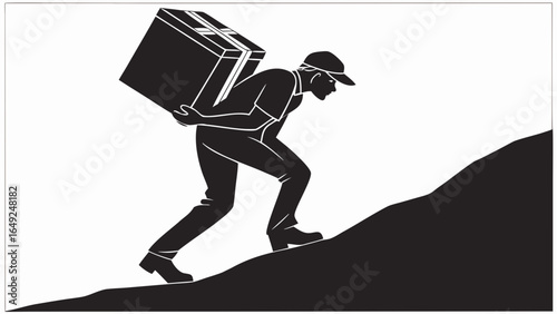 Man in cap carrying heavy box on his back while climbing up a steep hill in black and white design