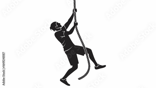 Silhouette of a person climbing a rope with visible effort and determination in a monochrome setting