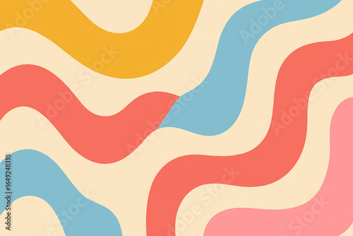 Retro abstract wavy pattern background with pastel blue, yellow, pink, and red curves, vintage decorative design