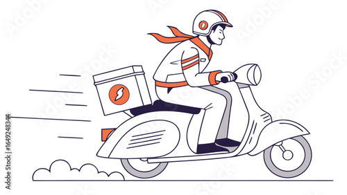 Delivery man on scooter with box and helmet delivering package fast in a hurry on a white background