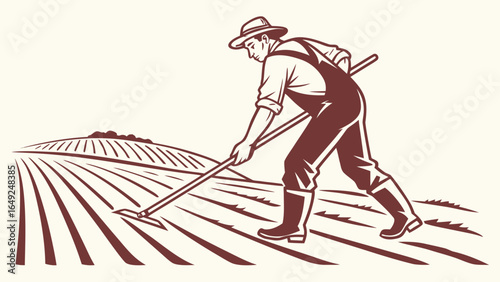Illustration of a farmer working in the field with a hoe and wearing overalls and a hat in brown color