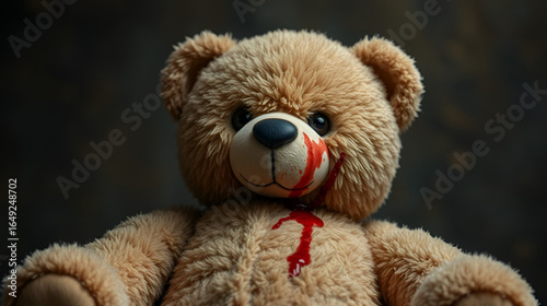 A teddy bear with bloodstains