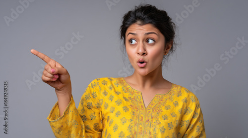 Woman in yellow floral top pointing to the left with surprised expression on her face