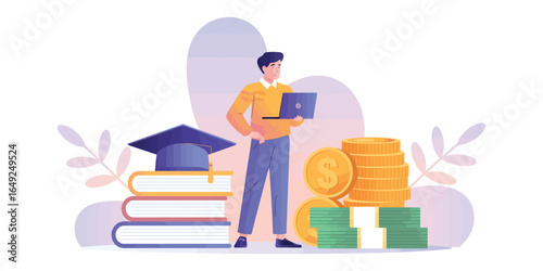 Illustration of person with laptop, books, graduation cap, and money stacks, symbolizing financial planning and investment in education