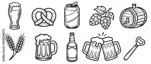 Beer and brewery vector icons including beer mugs, bottle, pretzel, hops, barrel, wheat stalks, and bottle opener. Perfect for pub, brewery, Oktoberfest, and beer festival designs