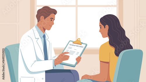Doctor in white coat holding clipboard and discussing with seated patient in consultation room, emphasizing healthcare and empathy