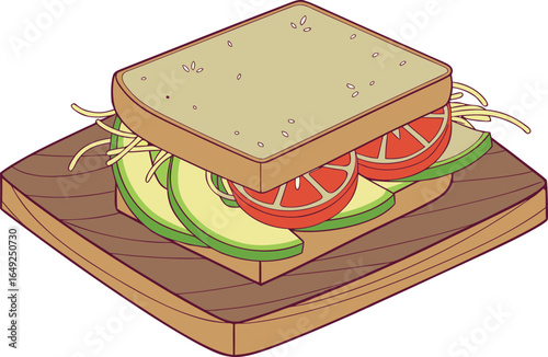 Isometric sandwich containing avocado tomato sprouts on a wooden board, vector illustration