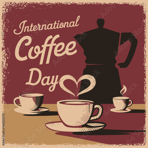Vintage international coffee day celebration with steaming cups and moka pot