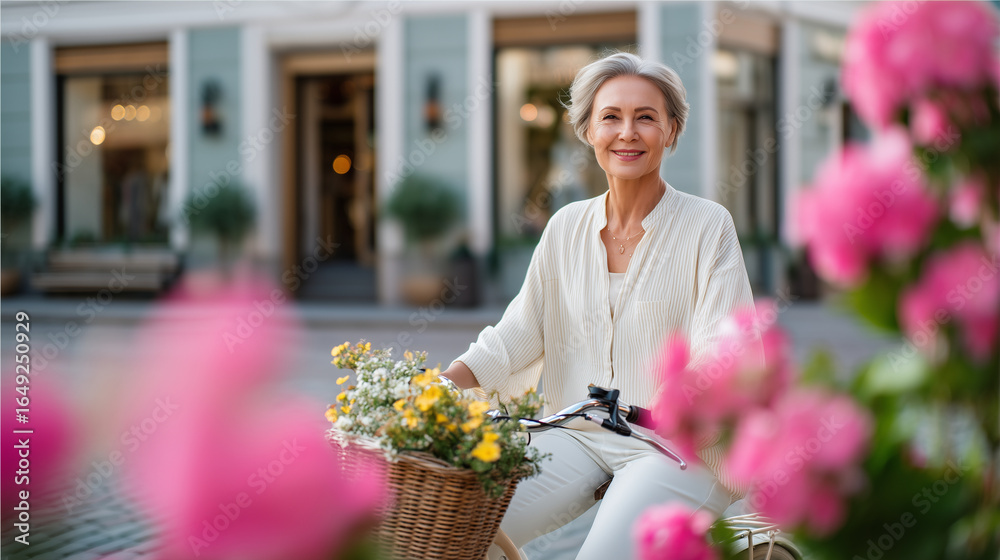 Fototapeta premium Happy senior woman enjoying a sunny day in the city, pastel blouse, casual trousers, classic bicycle with basket, cobblestone street, lush plants and boutique storefronts in backgr