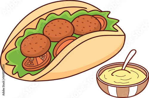Delicious falafel pita sandwich with tahini sauce close up image, vector illustration