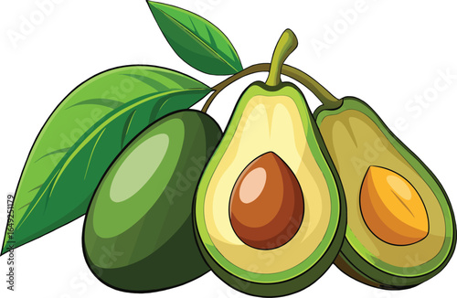 Ripe avocados with a leaf, one cut open to reveal its creamy flesh and seed.