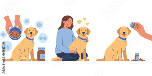 Illustrated sequence showing dog feeding, affectionate hug with owner, and pouring food from container, highlighting pet care and love