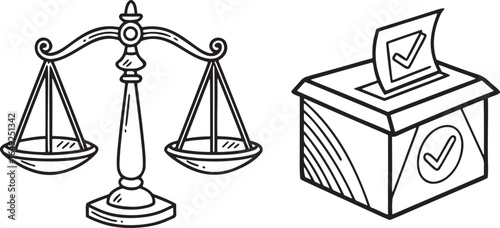 Black and white illustration of scales of justice and ballot box voting election