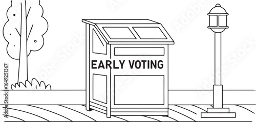 Black and white illustration of an early voting booth with a tree and lamppost election ballot