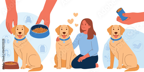 Illustration series showing dog care and bonding moments with owner, including feeding, petting, and treat training with pet icons