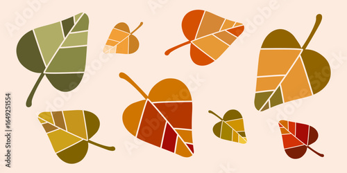 Set of colorful autumn leaves of linden tree in green, orange and red colors in flat vector style. Perfect for seasonal designs, invitations, greeting cards and autumn decorations