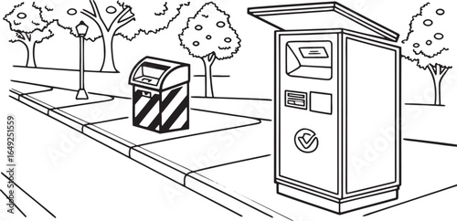 Black and white line drawing of a street scene with trees and parking meters sidewalk lamp post