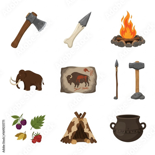 Collection of Stone Age tools, animals, and other items.