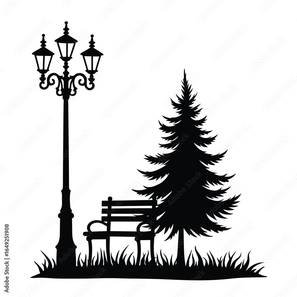 Fototapeta premium Black silhouette of a park scene with a lamp post bench and pine tree