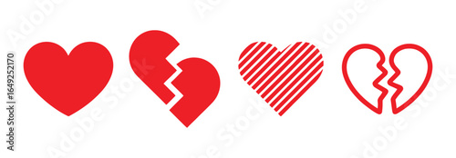 Collection of Broken and Whole Hearts in Red for Valentine's Day and Love Concepts