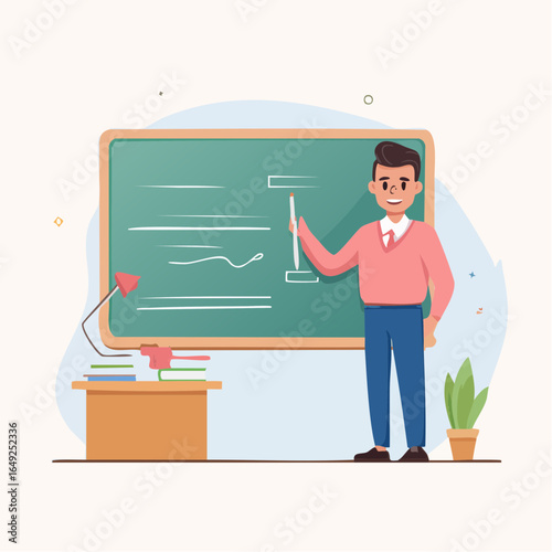 Teacher with blackboard flat vector, representing classroom education.