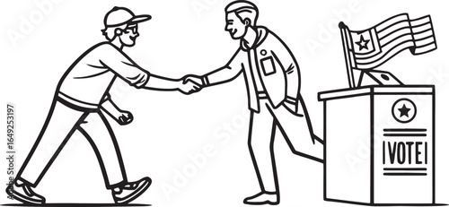 Two men shaking hands next to a voting booth with American flag election handshake