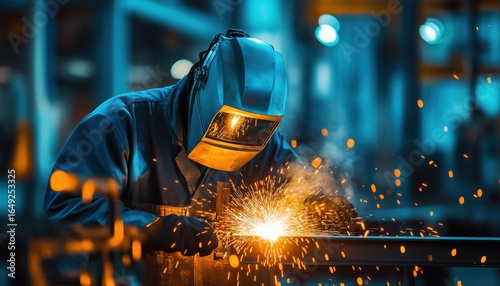 Metalworker Uses Electric Torch To Weld Steel, Wearing Mask For Safety. Skilled Laborer Works In Factory, Specializing In Welding Metal Parts. Bright Torch Used For Burning Iron.