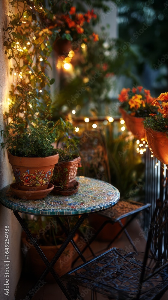 Fototapeta premium Outdoor balcony setting with string lights and potted plants.