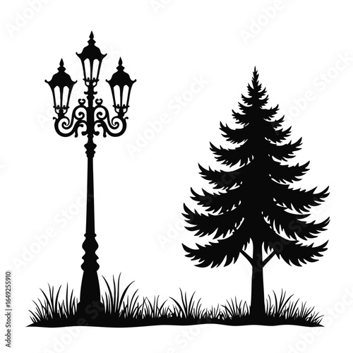 Black silhouette of ornate lamppost and pine tree black and white