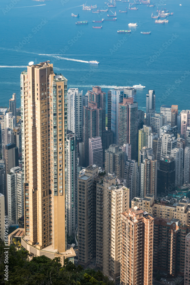 Fototapeta premium A panoramic view of Hong Kong dense cityscape, showcasing towering skyscrapers and a lush green hillside. The blue sky with a single fluffy cloud provides a picturesque backdrop.