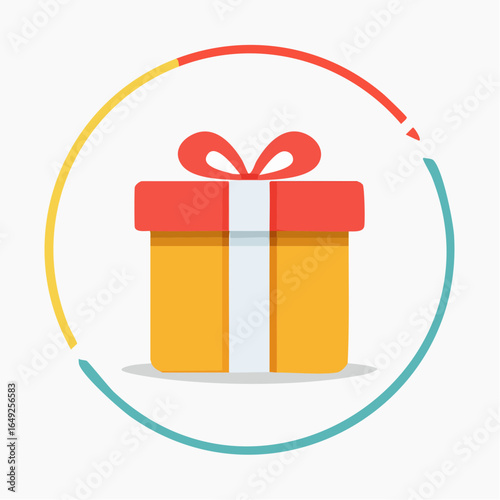 Colorful gift box icon with a red ribbon bow inside a circular frame. Flat design vector illustration for celebration and holiday concepts.